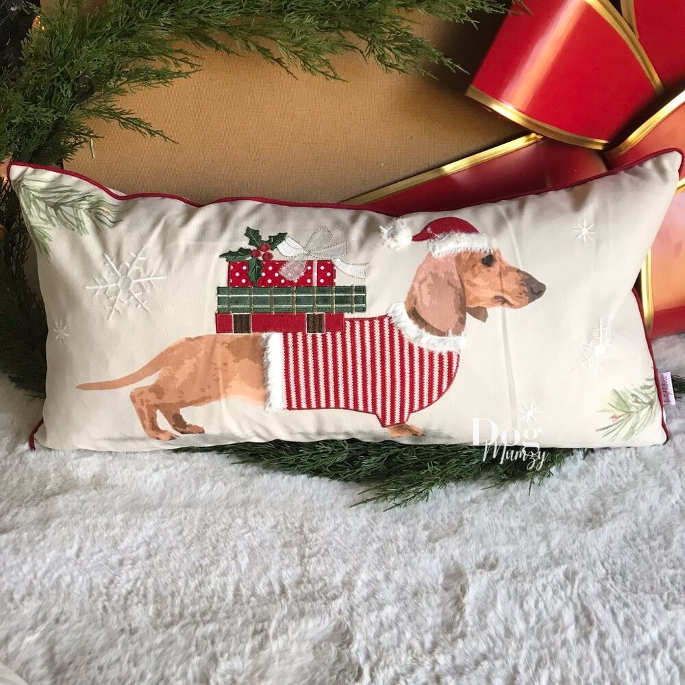 Dachshund Embroidered Dog Accent Striped Lumbar Pillow